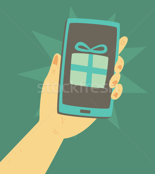 Cartoon Hand Holding a Smartphone with a Present in the Screen Stock photo © penguinline