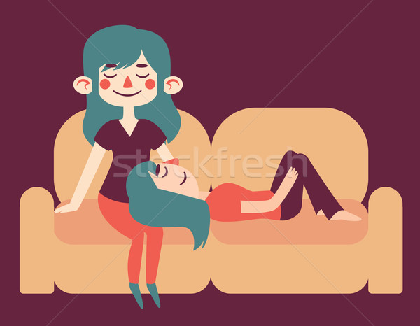 Fete cuplu relaxare canapea o fata şedinţei Imagine de stoc © penguinline