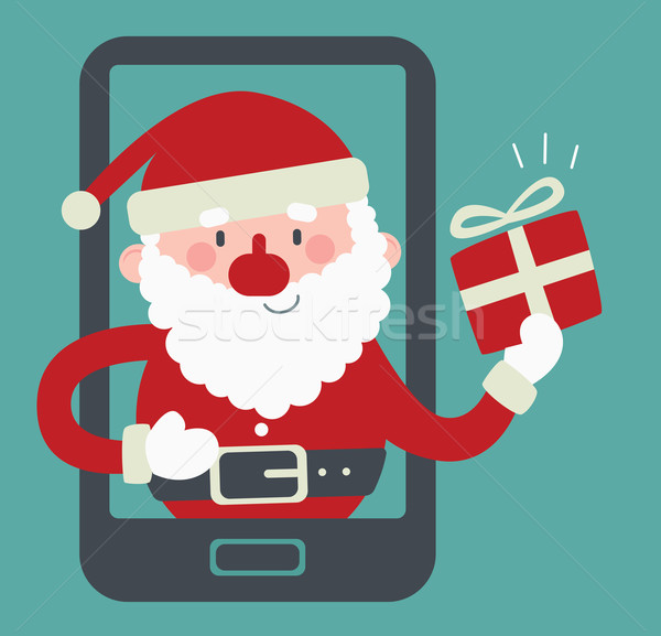 Cute Santa Inside a Phone Holding a Present Stock photo © penguinline