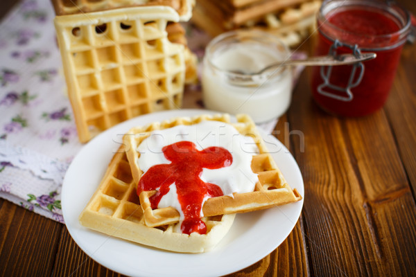 Viennese waffles with yogurt and strawberry jam  Stock photo © Peredniankina
