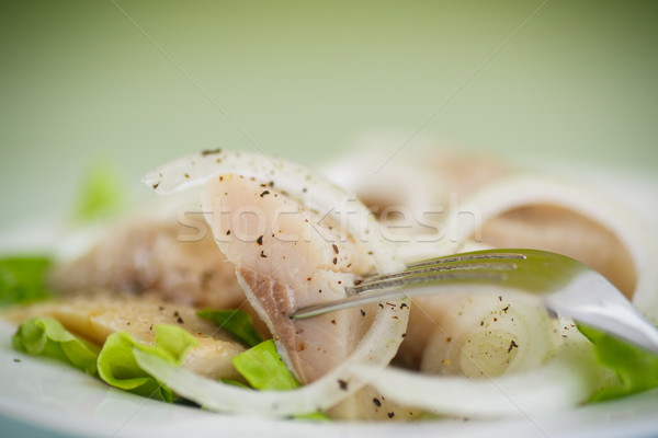 Stücke gesalzen Zwiebeln Gewürze Essen Fisch Stock foto © Peredniankina