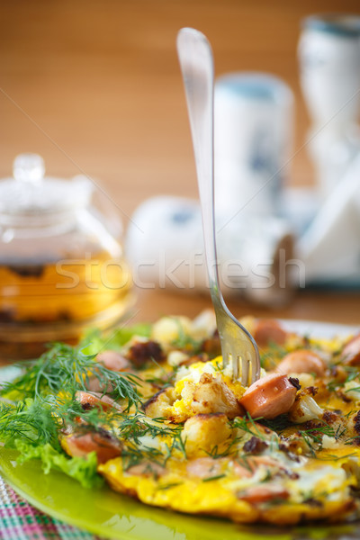 Stockfoto: Roereieren · worstjes · bloemkool · houten · tafel · voedsel · ei