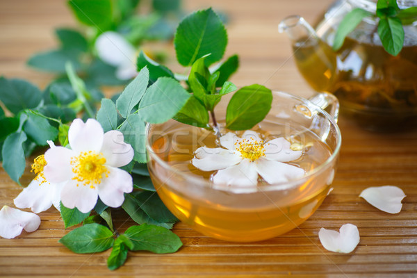 [[stock_photo]]: Thé · pétales · de · rose · tasse · table · fleurs · fond