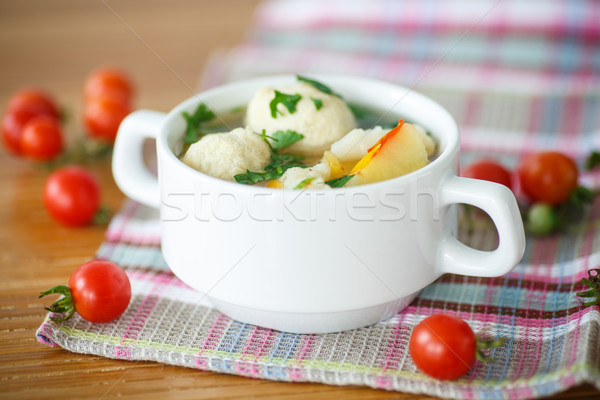 Foto stock: Sopa · de · legumes · almôndegas · tabela · verde · frango · bola