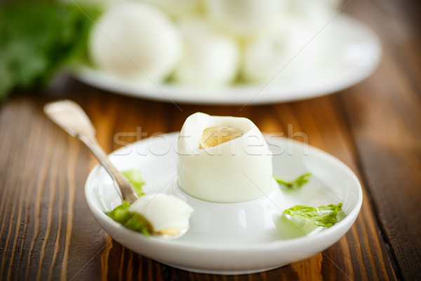 Foto stock: Huevo · pasado · por · agua · placa · cuchara · platillo · huevos · desayuno