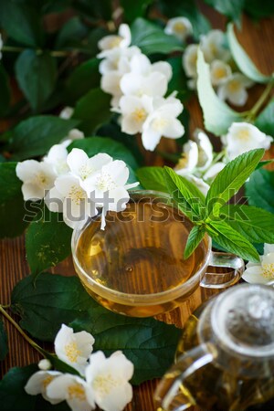 Stock fotó: Tea · teáskanna · ág · fa · asztal · virág · étel