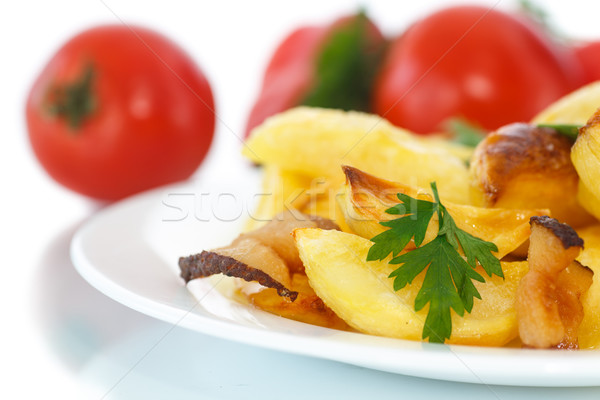 Foto stock: Frito · batatas · fatias · bacon · branco · ferro