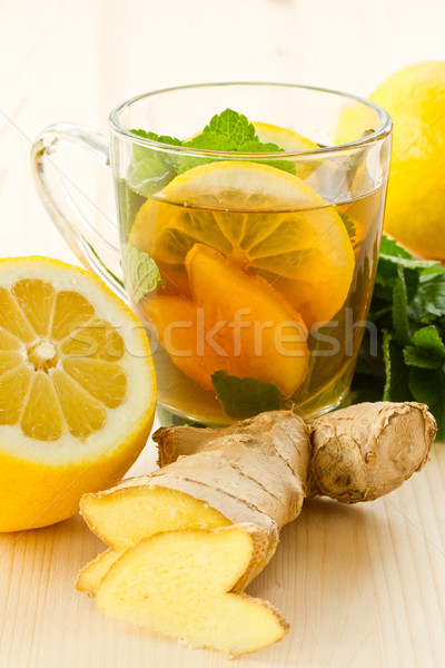 ストックフォト: 生姜 · 茶 · カップ · レモン · ミント · フルーツ