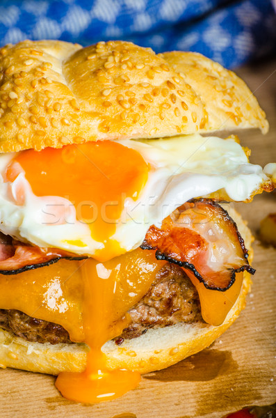 Homemade burger with fried egg and spicy fries Stock photo © Peteer