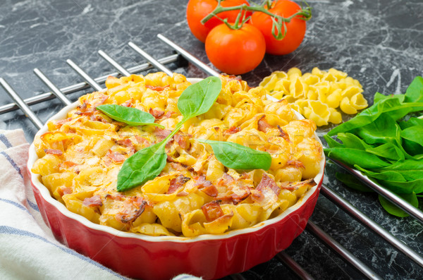 Baked homemade pasta with leeks, bacon and cream Stock photo © Peteer