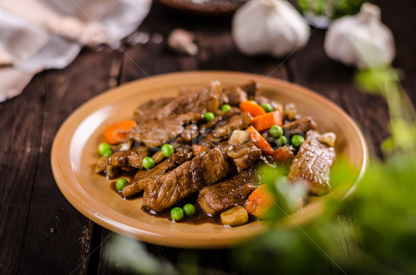 Disznóhús zöldség szója fokhagyma mártás étel Stock fotó © Peteer