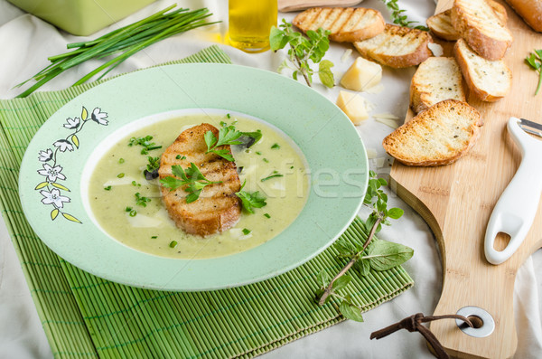 Creamy leek herby soup with toast Stock photo © Peteer