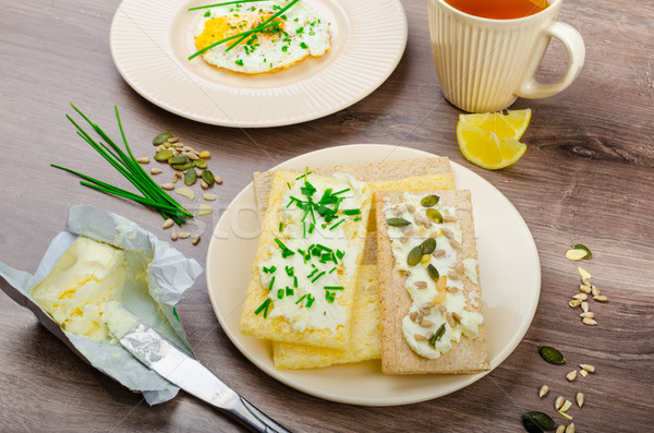 Crisp Crispbread with cheese spread with chives and Crisp Crispbread with curd cheese spread chives  Stock photo © Peteer