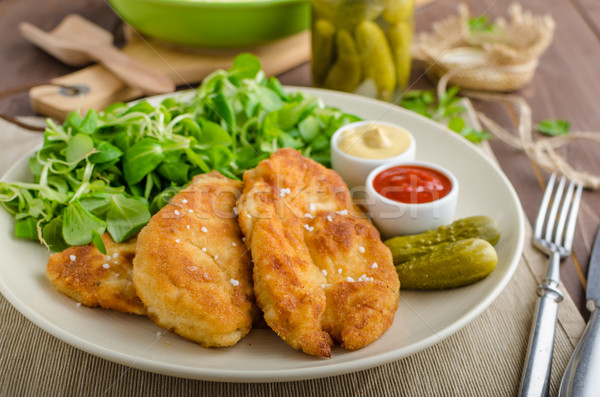 Schnitzel with mashed potatoes and salad Stock photo © Peteer