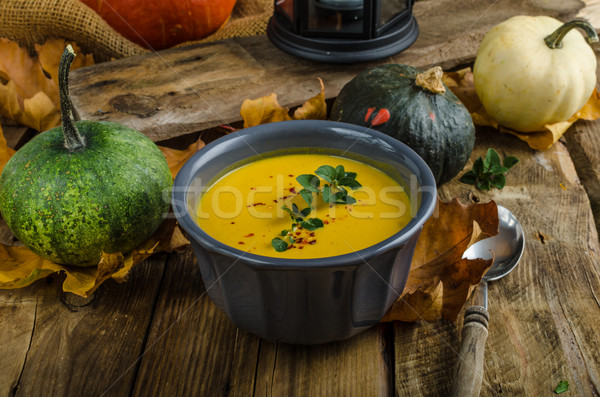 Sütőtök leves chilli gyógynövények szép őszi levelek Stock fotó © Peteer