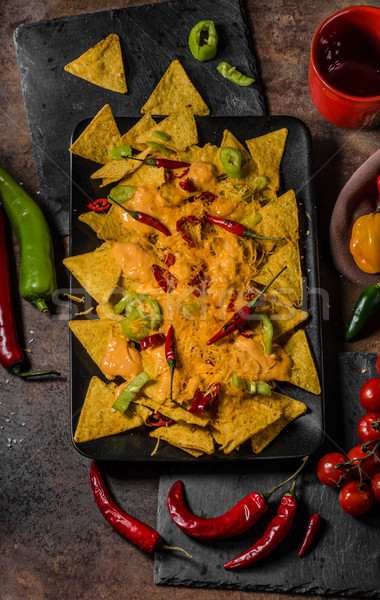 Stock fotó: Sült · nachos · sajt · mártás · chilipaprika · étel