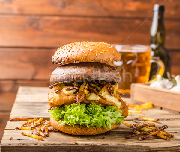 Stock photo: Fish and Chips Burger with grilled portobello