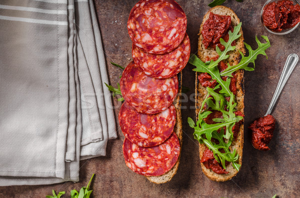 Rustic baguette with herbs and chorizo Stock photo © Peteer