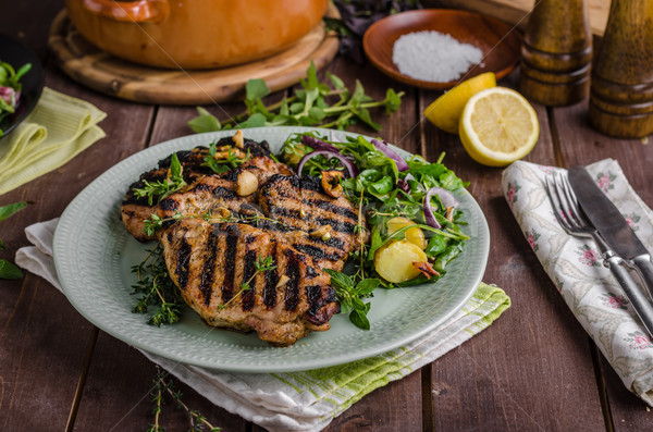 [[stock_photo]]: Grillés · porc · laitue · salade · repas · fond