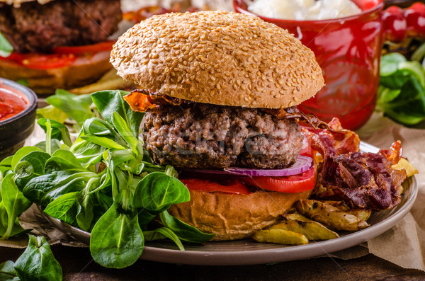 Stock photo: Beef burger with bacon and french fries