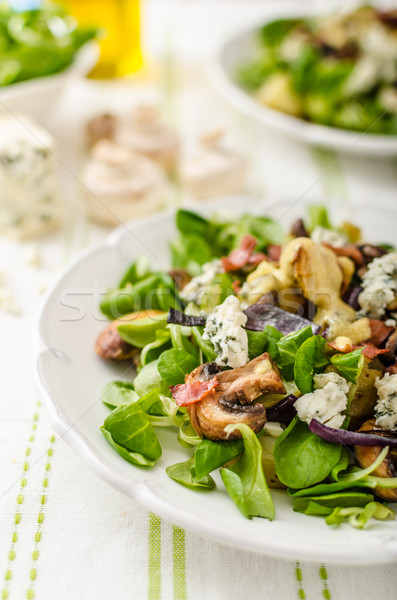 Stock foto: Salat · neue · Kartoffeln · Blauschimmelkäse · Speck · Olivenöl