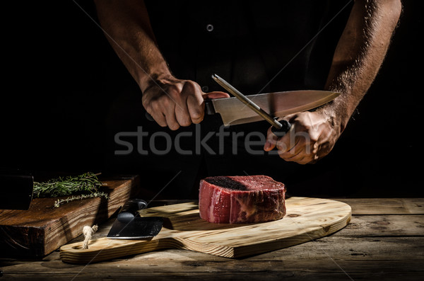 Chef butcher prepare beef steak Stock photo © Peteer