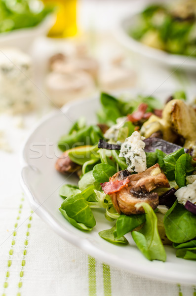 Stock foto: Salat · neue · Kartoffeln · Blauschimmelkäse · Speck · Olivenöl