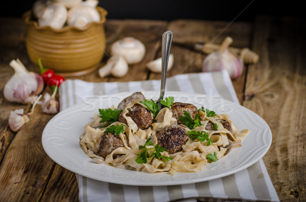 Stockfoto: Eigengemaakt · tagliatelle · vlees · knoflook · restaurant