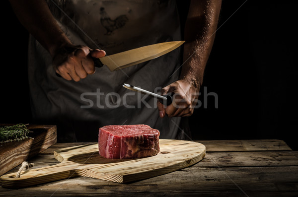 Chef butcher prepare beef steak Stock photo © Peteer
