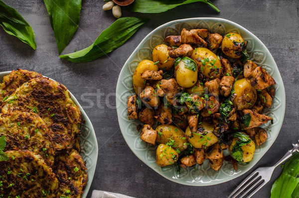 Potato pancakes, fried chicken with potatoes Stock photo © Peteer