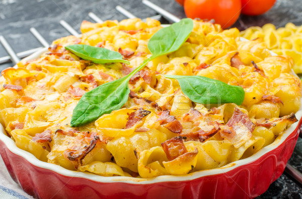Baked homemade pasta with leeks, bacon and cream Stock photo © Peteer