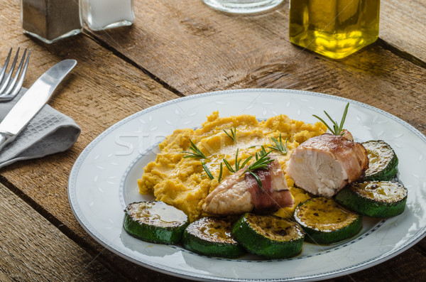 Chicken Breast with Black Forest ham and pea puree Stock photo © Peteer