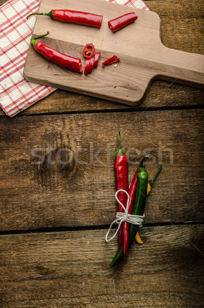 Chilli peppers, wood table, background Stock photo © Peteer