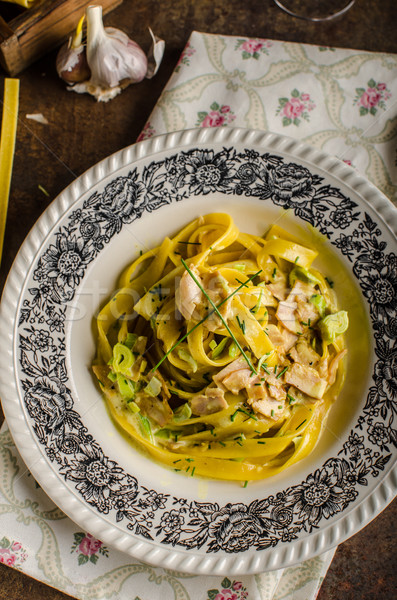 Tagliatelle tavuk köri şampanya ev yapımı makarna en iyi Stok fotoğraf © Peteer