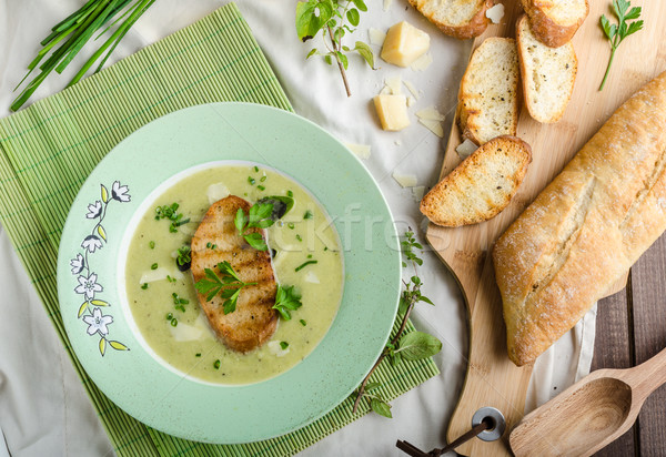 Creamy leek herby soup with toast Stock photo © Peteer