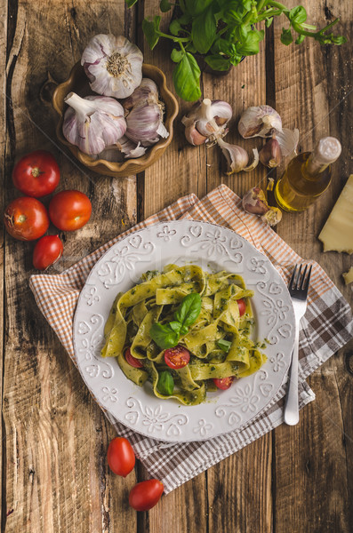 Stockfoto: Pasta · basilicum · pesto · eenvoudige · heerlijk · olijfolie