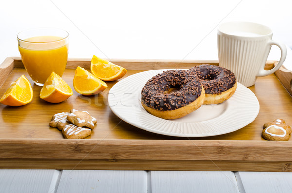 Stockfoto: Ontbijt · dienblad · donut · oranje · melk · christmas