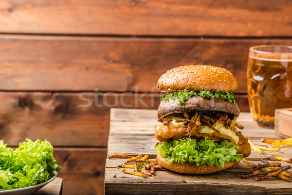Fish and Chips Burger with grilled portobello Stock photo © Peteer