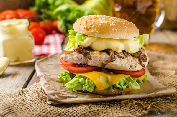 Chicken burger, cold beer Stock photo © Peteer