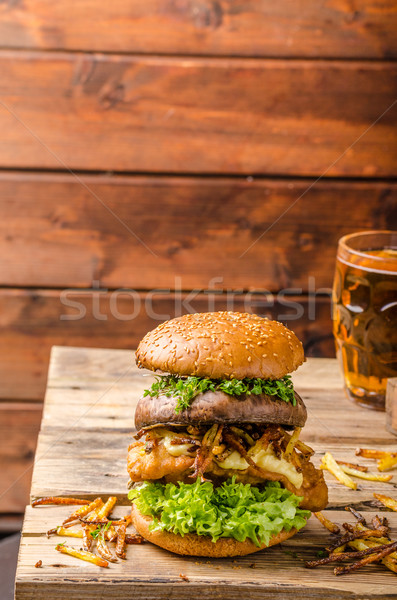 Fish and Chips Burger with grilled portobello Stock photo © Peteer