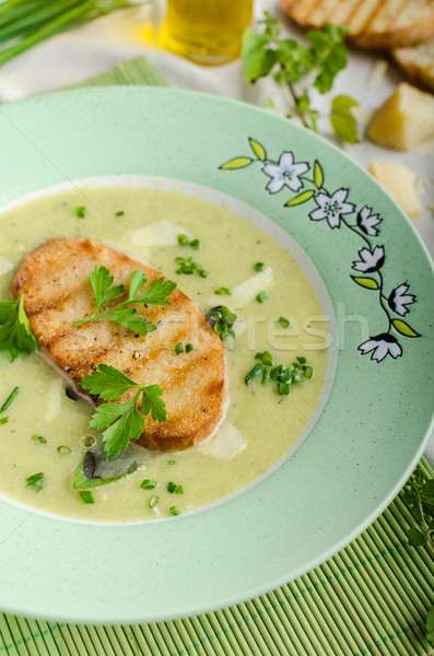 Creamy leek herby soup with toast Stock photo © Peteer