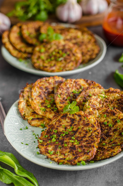 Potato pancakes, fried chicken with potatoes Stock photo © Peteer