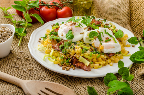 Stock photo: Spring salad of lentils with poached egg