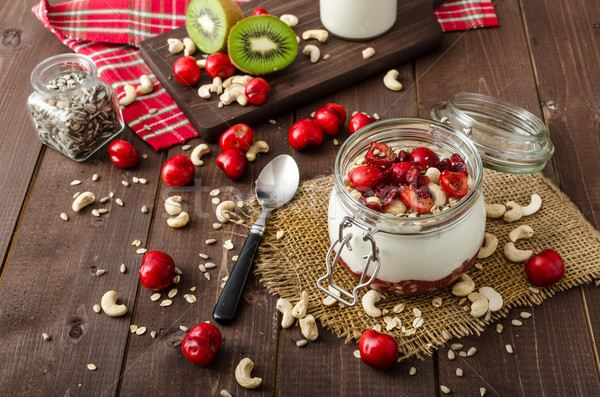 Domestic cherry yogurt with wonder chia seeds and granula Stock photo © Peteer