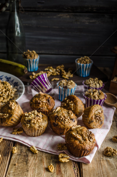 Stock photo: Whole grain muffins with dark chocolate and nuts