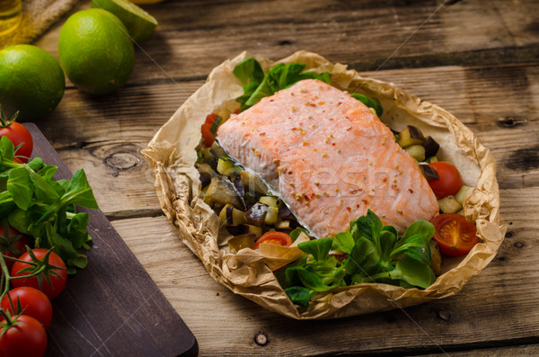 Stock photo: Salmon baked in papillote