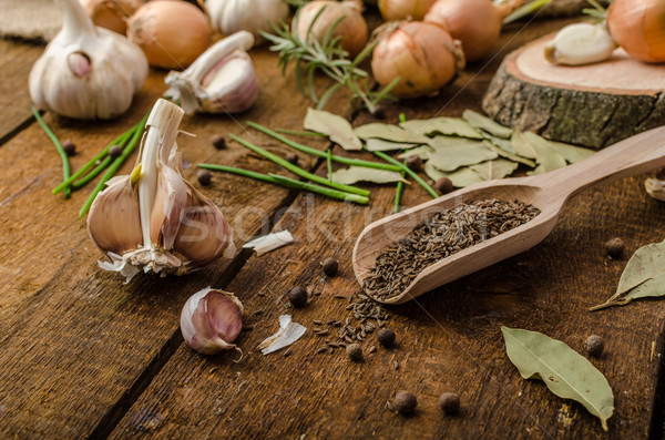 Onions, garlic and herbs bio from the garden Stock photo © Peteer