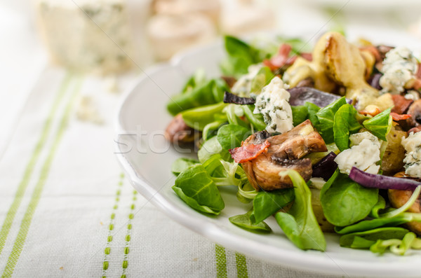 Stock foto: Salat · neue · Kartoffeln · Blauschimmelkäse · Speck · Olivenöl