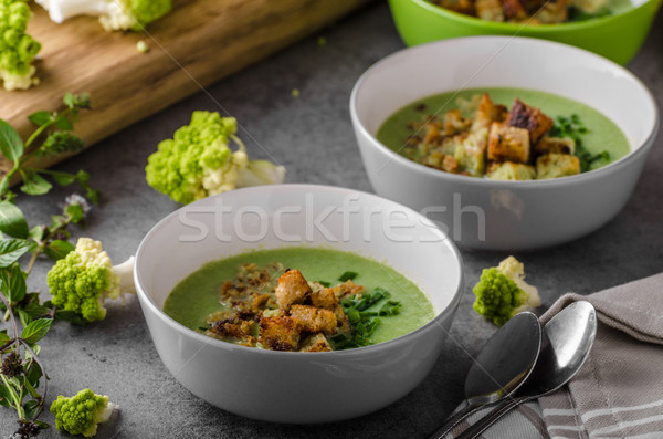 緑 カリフラワー スープ パン ディナー 食べ ストックフォト © Peteer