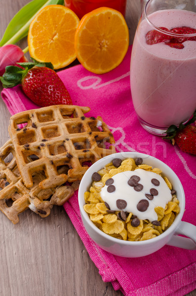 Stockfoto: Aardbei · smoothie · cornflakes · gezonde · ontbijt · glas